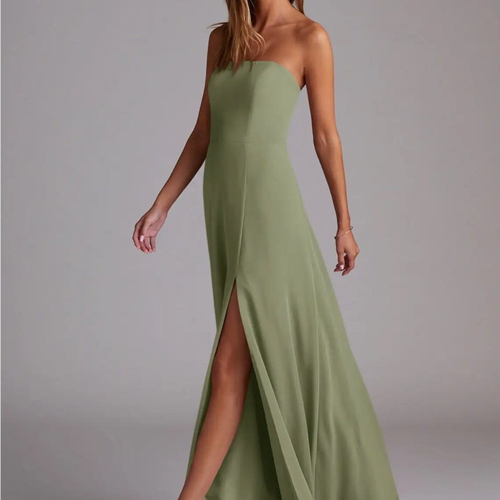 Azazie Olive Green Strapless Slit Evening Dress - Picture 4 of 7